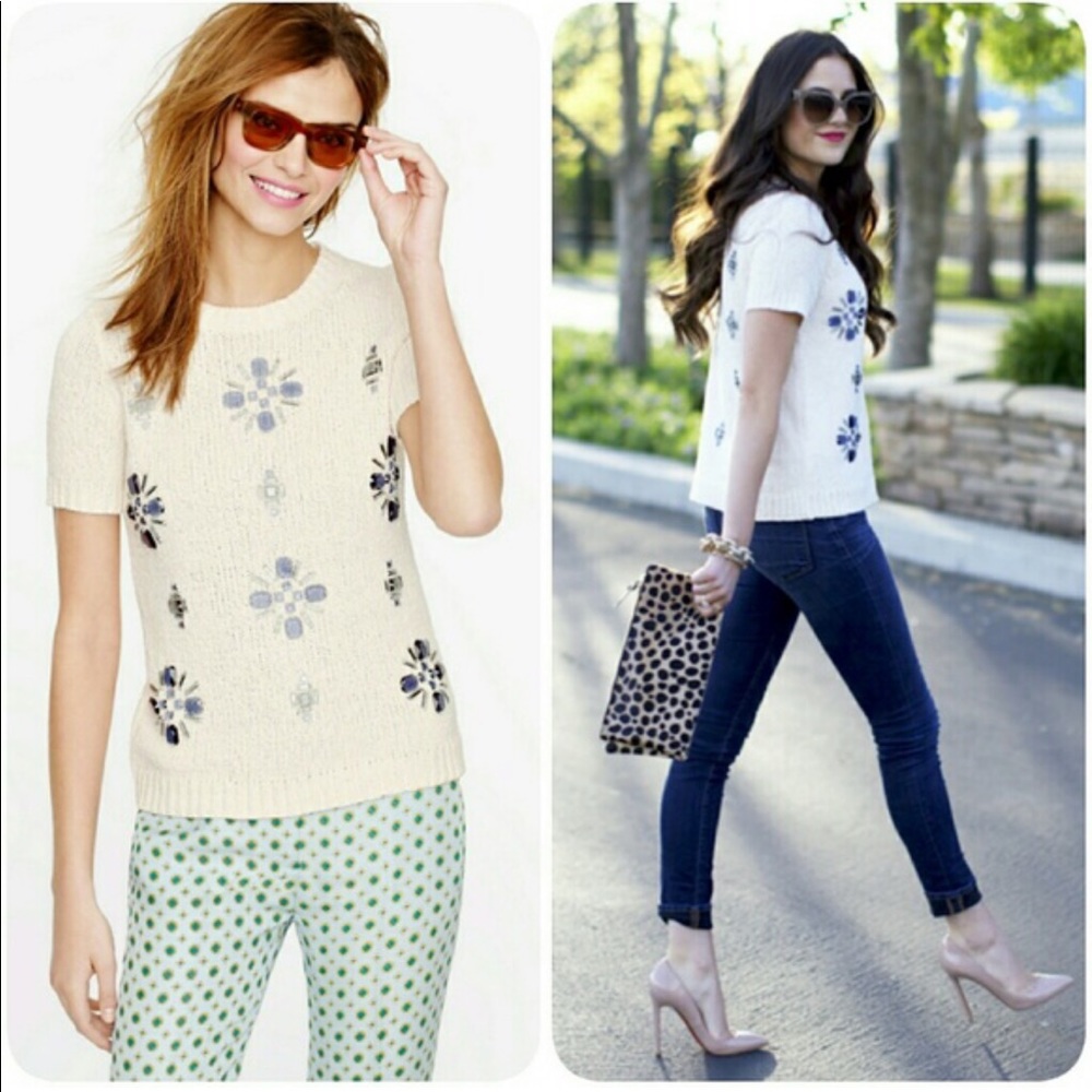 J. Crew Jeweled Medallion Sweater Cream Green